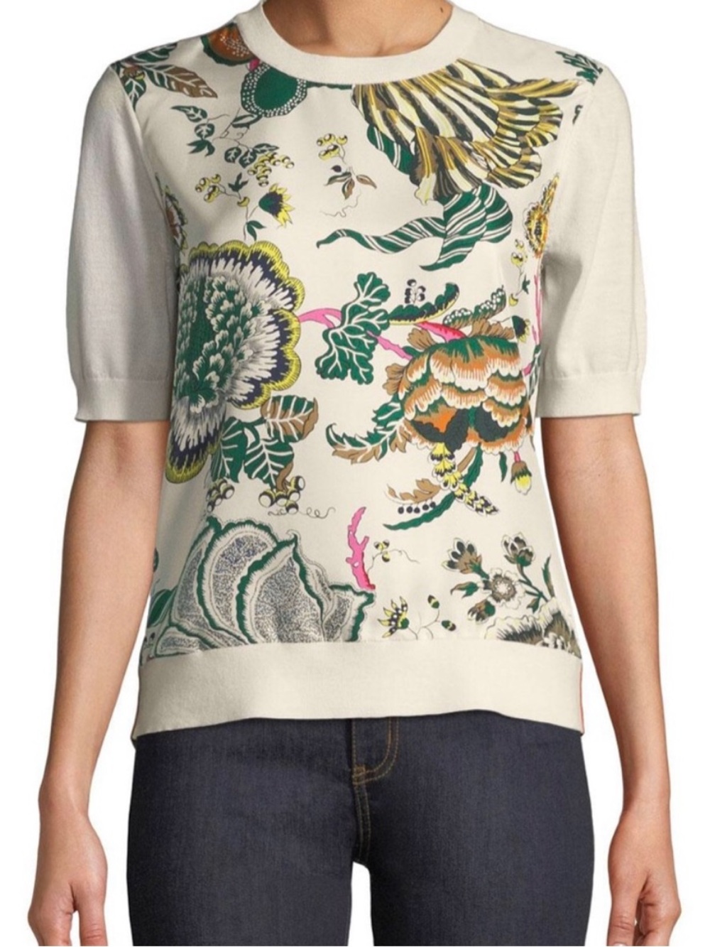 Tory Burch Silk Front Sweater Floral Print Cream XS EUC